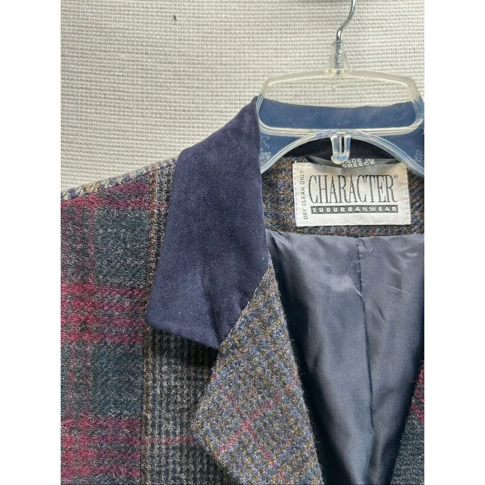 Patchwork Wool Jacket Blue Plaid Zip Front Vtg10 Dark Academia Quiet Luxury
